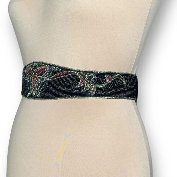 Vintage La Regale Belt Wide Black Multicolor Metallic Beaded Handmade Statement - Picture 3 of 14
